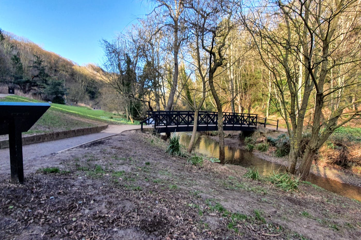Path leading up to bridge over a stream through an area of woodland