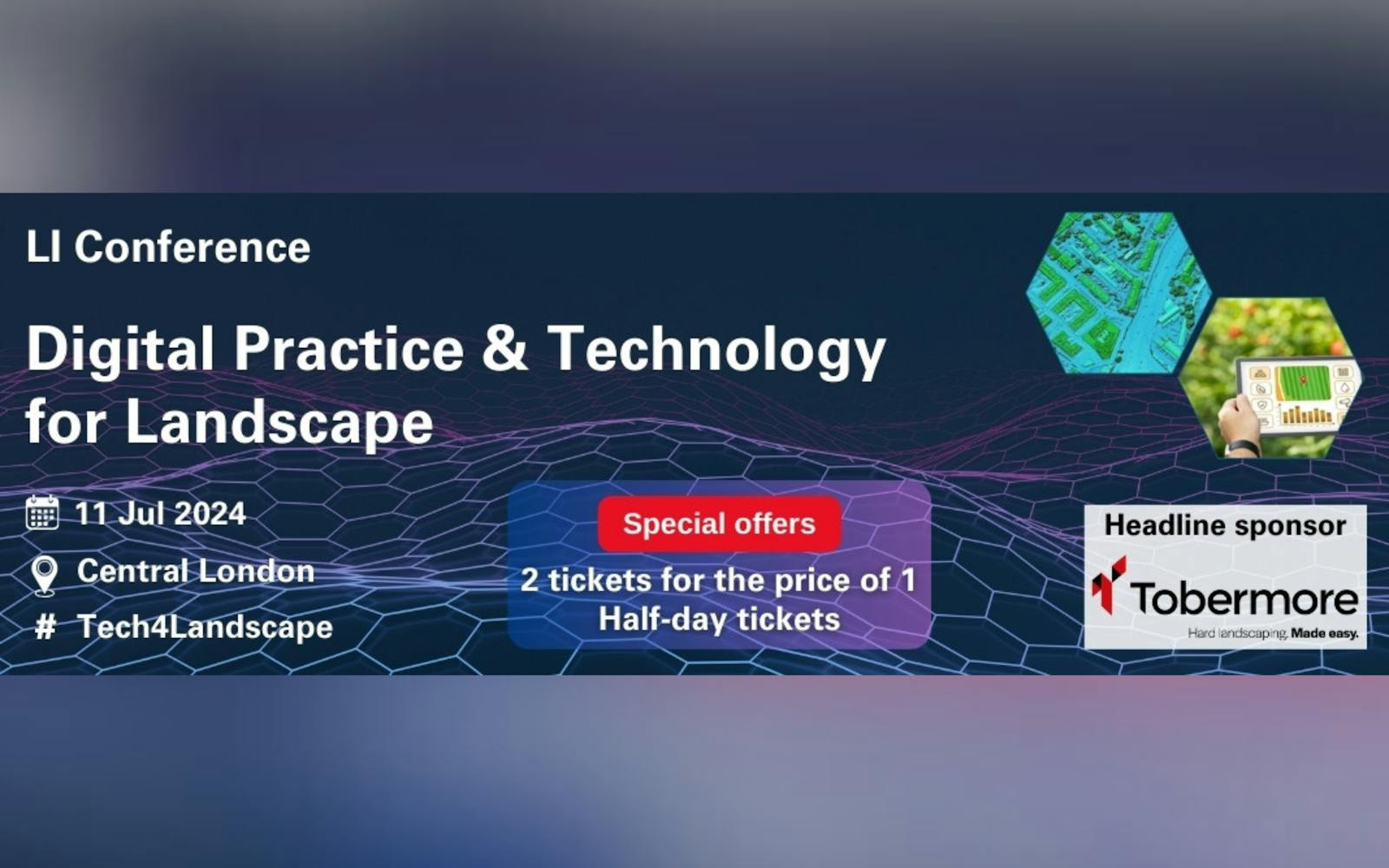A digital flyer for a conference titled “LI Conference: Digital Practice & Technology for Landscape” hosted by the Landscape Institute (LI). The conference focuses on how digital technologies are changing landscape design, planning and management.