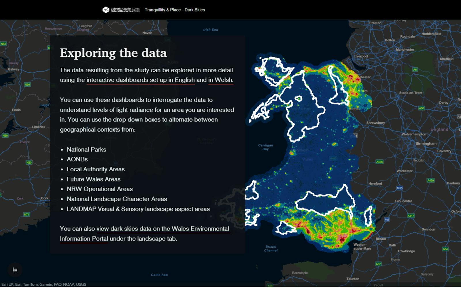 Screenshot of a webpage titled "Digital communication | LUC" The page discusses a project on exploring light radiance data in Wales. It includes a data visualization tool with interactive dashboards. Users can explore light radiance data for various locations in Wales.