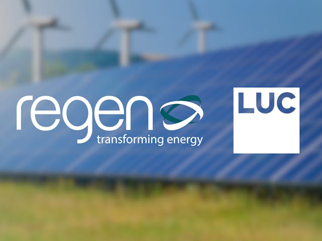 The Regen and LUC logos with the tagline "transforming energy" in front of a blurred background of wind turbines and solar panels.