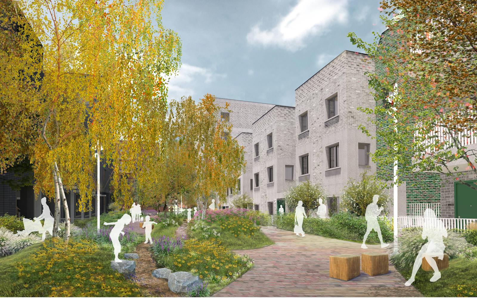 An artist's rendering of a street with green infrastructure