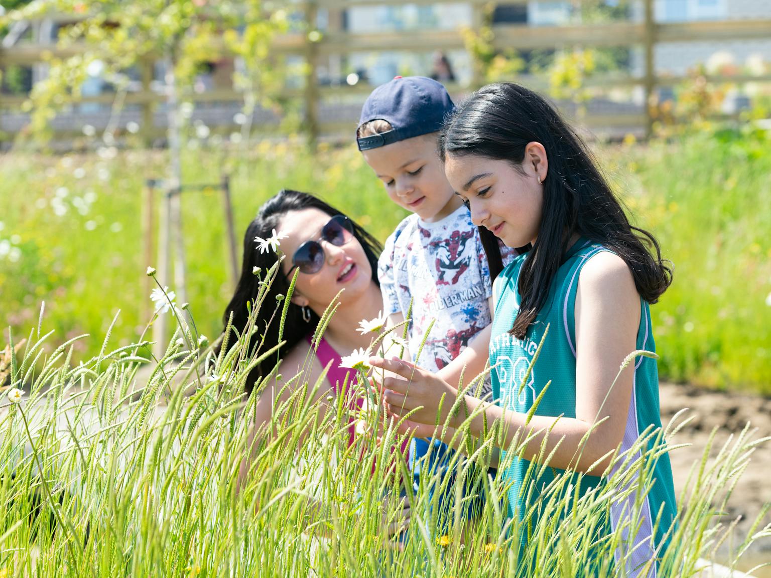 Two children and a woman admiring flowers in a park