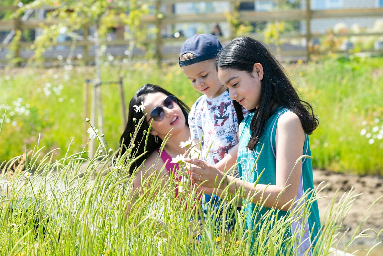 A woman and two children admiring flowers in a park
