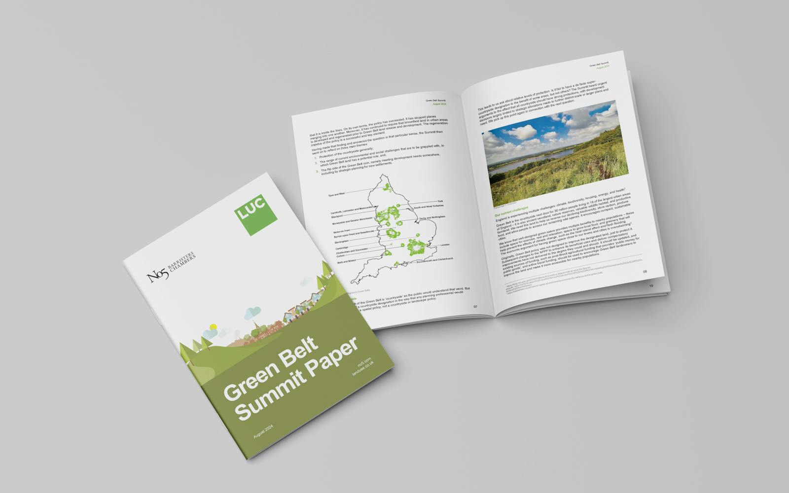 A mockup of the Green Belt Summit Paper, featuring the cover and an open spread. The cover displays the logos of LUC and No5 Chambers Barristers, with the title "Green Belt Summit Paper" and a simple illustration of a landscape. The open pages show a map of Green Belt areas in England and a page with text and an image of a natural landscape. The document is dated August 2024.