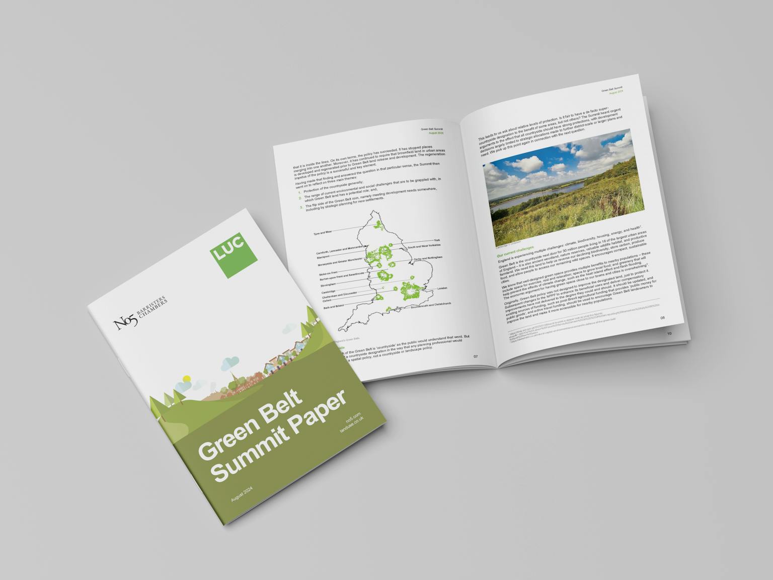 A mockup of the Green Belt Summit Paper, featuring the cover and an open spread. The cover displays the logos of LUC and No5 Chambers Barristers, with the title "Green Belt Summit Paper" and a simple illustration of a landscape. The open pages show a map of Green Belt areas in England and a page with text and an image of a natural landscape. The document is dated August 2024.