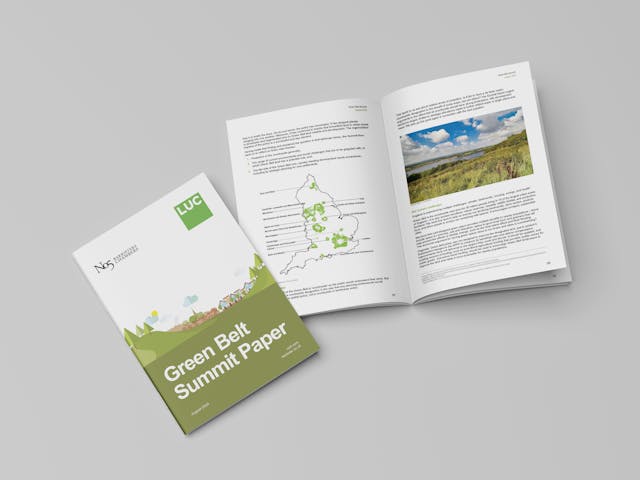 A mockup of the Green Belt Summit Paper, featuring the cover and an open spread. The cover displays the logos of LUC and No5 Chambers Barristers, with the title "Green Belt Summit Paper" and a simple illustration of a landscape. The open pages show a map of Green Belt areas in England and a page with text and an image of a natural landscape. The document is dated August 2024.