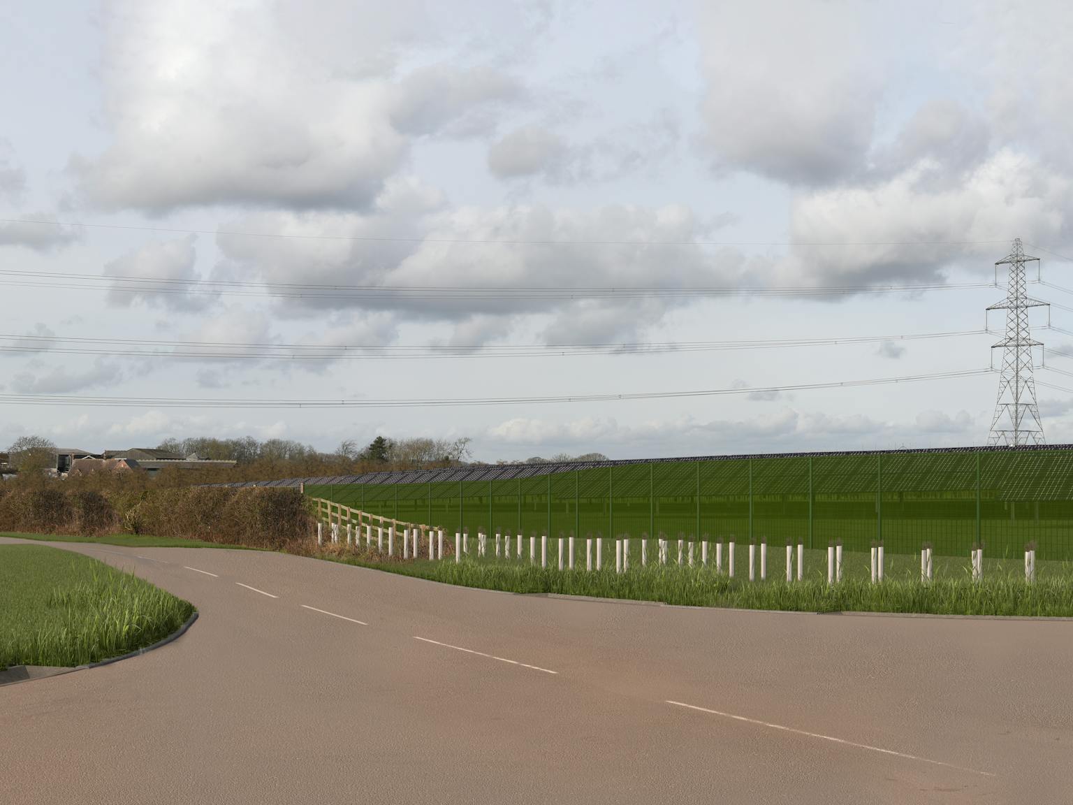 A rural road with a solar panel farm in the background. Power lines and a cloudy sky are visible.