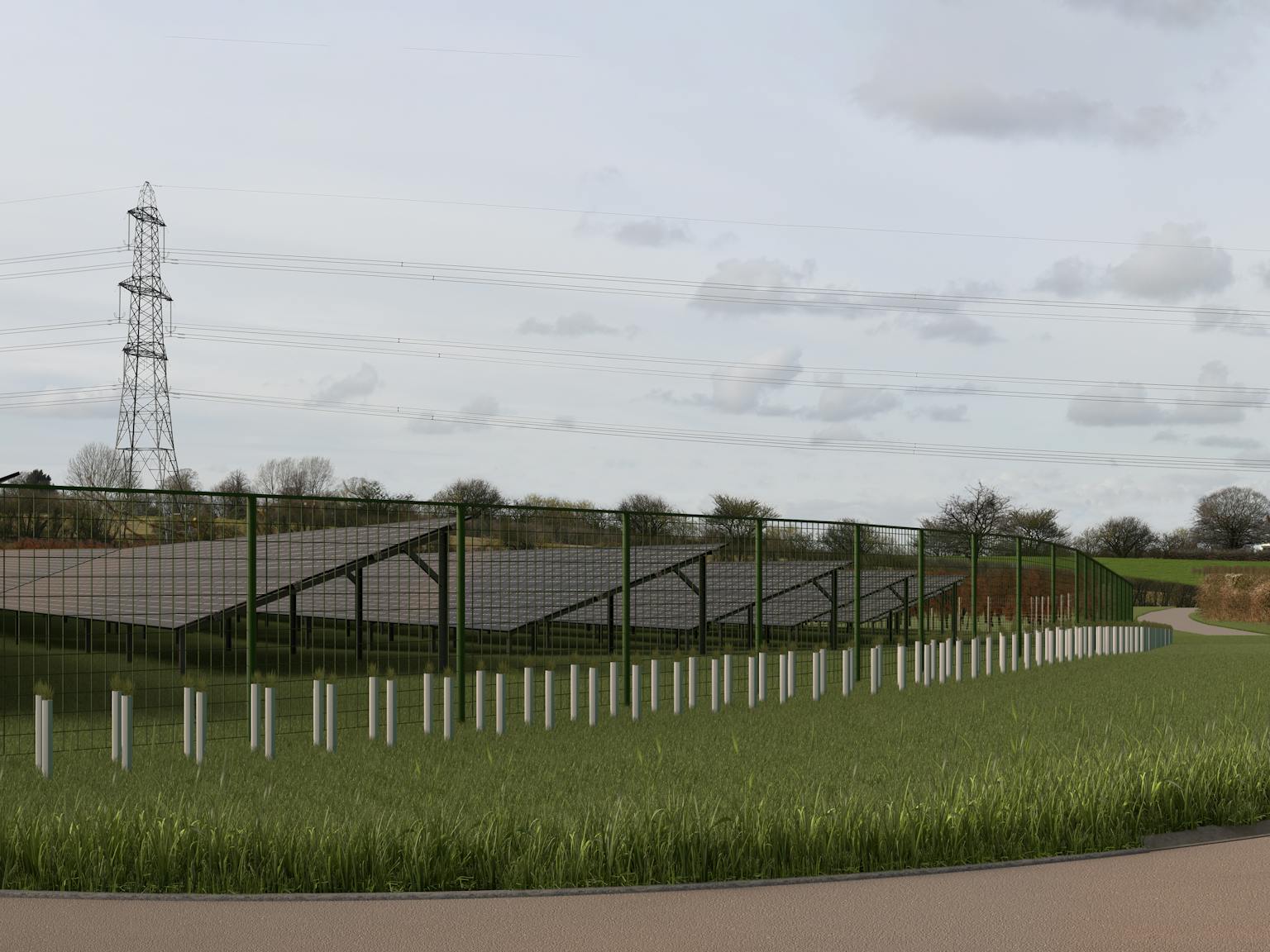 A rural road with a solar panel farm in the background. Power lines and a cloudy sky are visible.