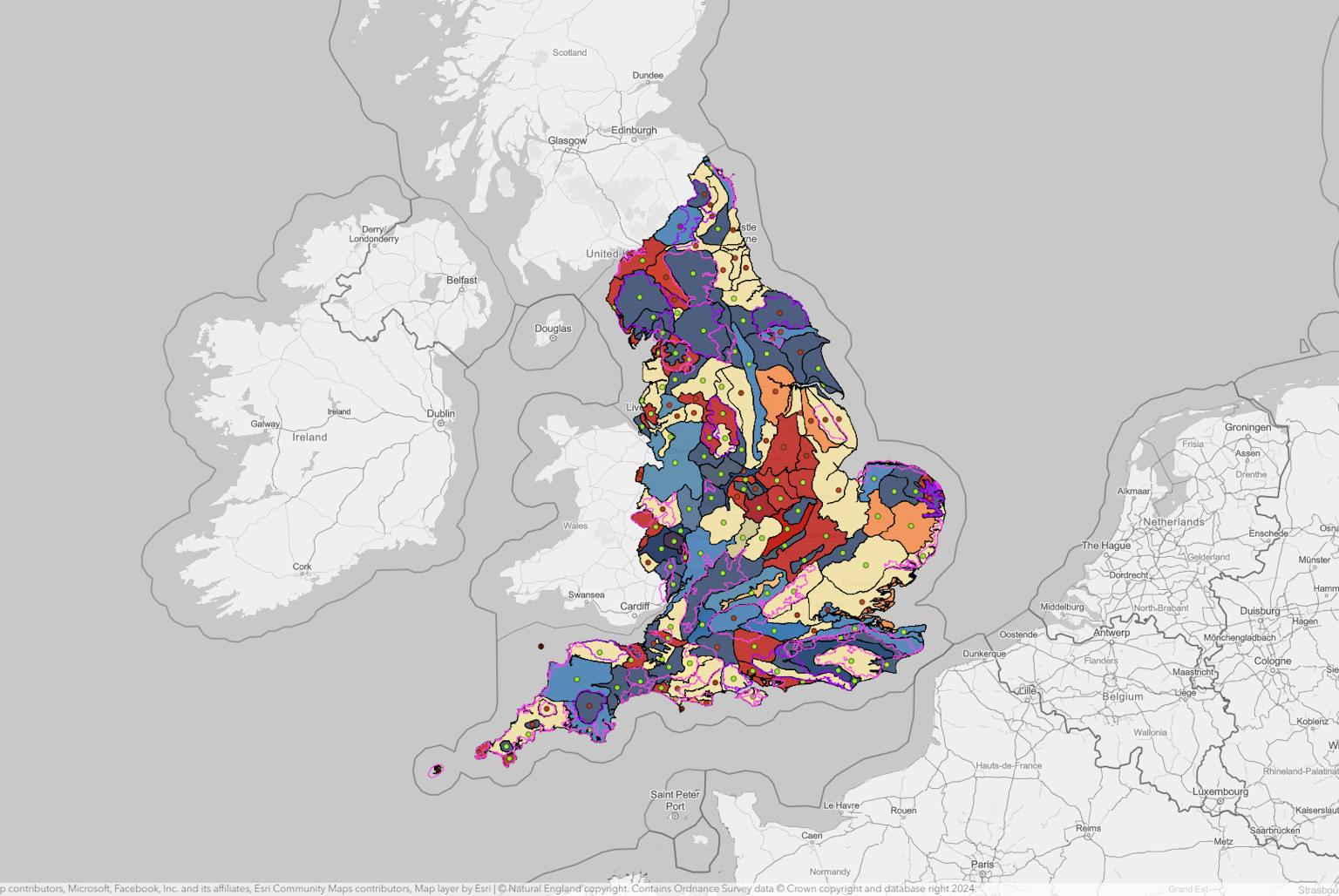 A map of England showing changes in landscape character for National Character Areas (NCAs). The map is colour-coded to represent different trends, such as increasing, decreasing, or little change. The map also includes information on protected landscapes, national character areas, and the status of conservation objectives.