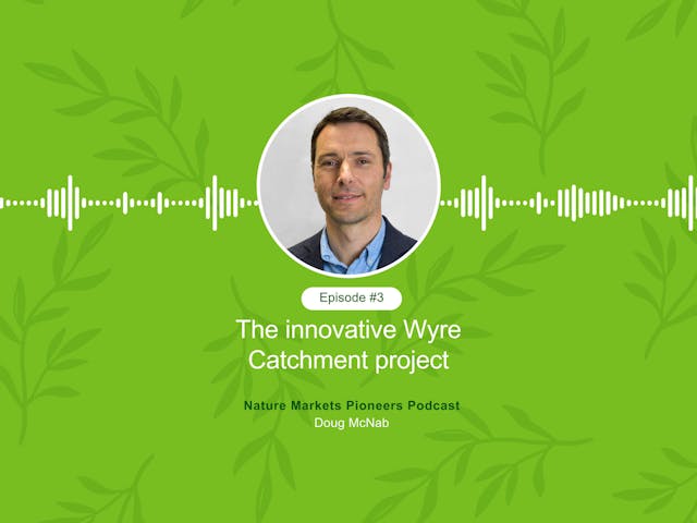 Podcast cover for 'Nature Markets Pioneers Podcast, Episode #3: The innovative Wyre Catchment project' featuring Doug McNab. The design includes a portrait of Doug McNab on a green background with leaf patterns and a soundwave graphic.