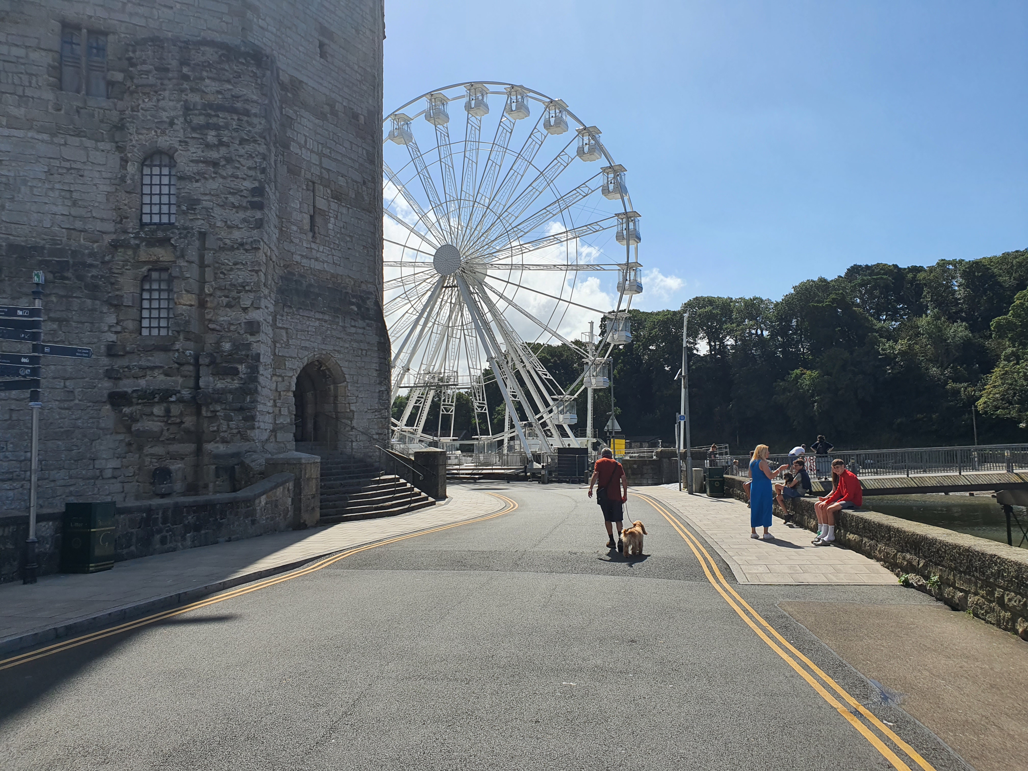 A Ferris wheel behind a castle wall