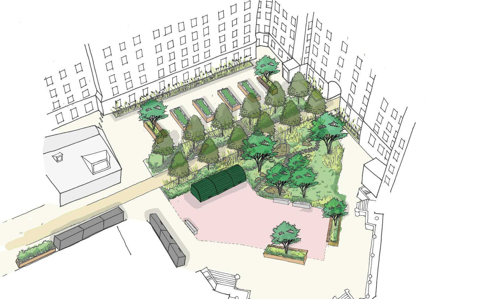 A conceptual sketch of a public realm plan for a residential area. The design features a central green space with trees, shrubs, raised garden beds, and a greenhouse. There are also pathways, seating areas, and surrounding buildings.