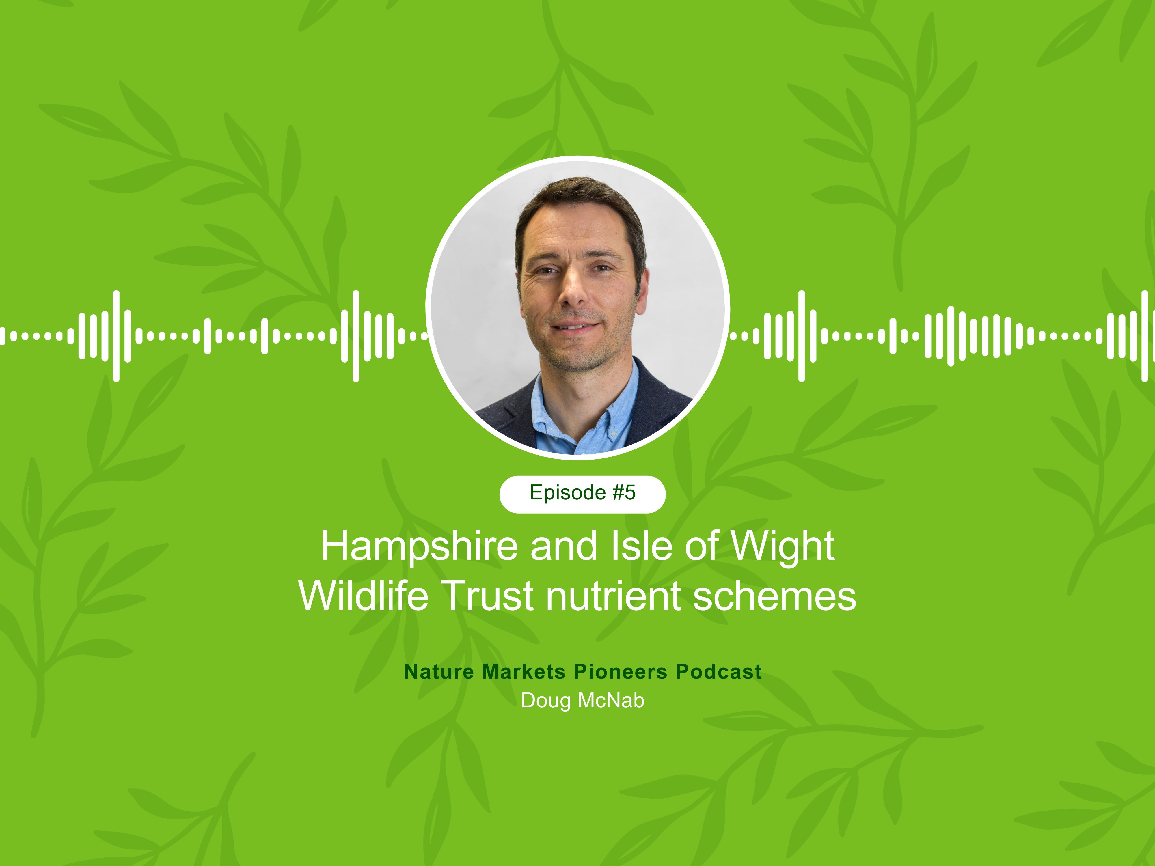 Podcast cover for 'Nature Markets Pioneers Podcast' featuring Doug McNab. The design includes a portrait of Doug McNab on a green background with leaf patterns and a soundwave graphic.
