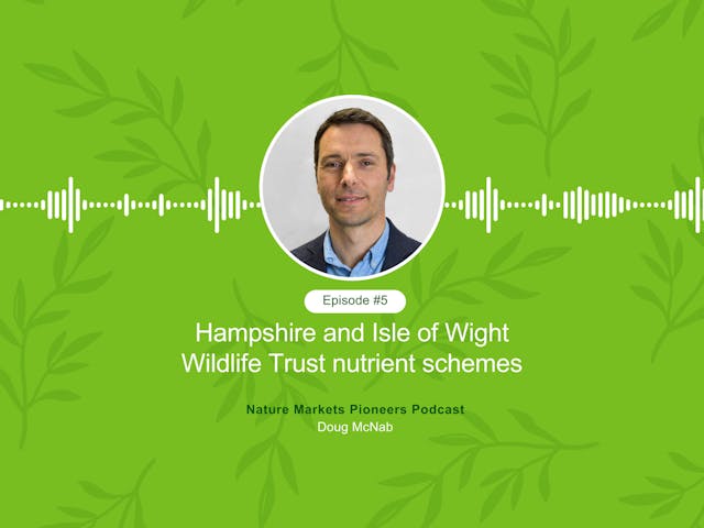 Podcast cover for 'Nature Markets Pioneers Podcast' featuring Doug McNab. The design includes a portrait of Doug McNab on a green background with leaf patterns and a soundwave graphic.