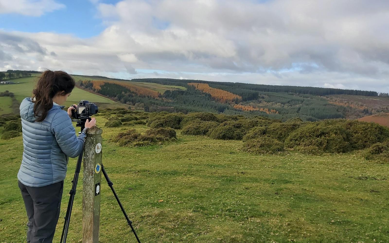 A person in a grey jacket uses a tripod-mounted camera to capture a landscape.
