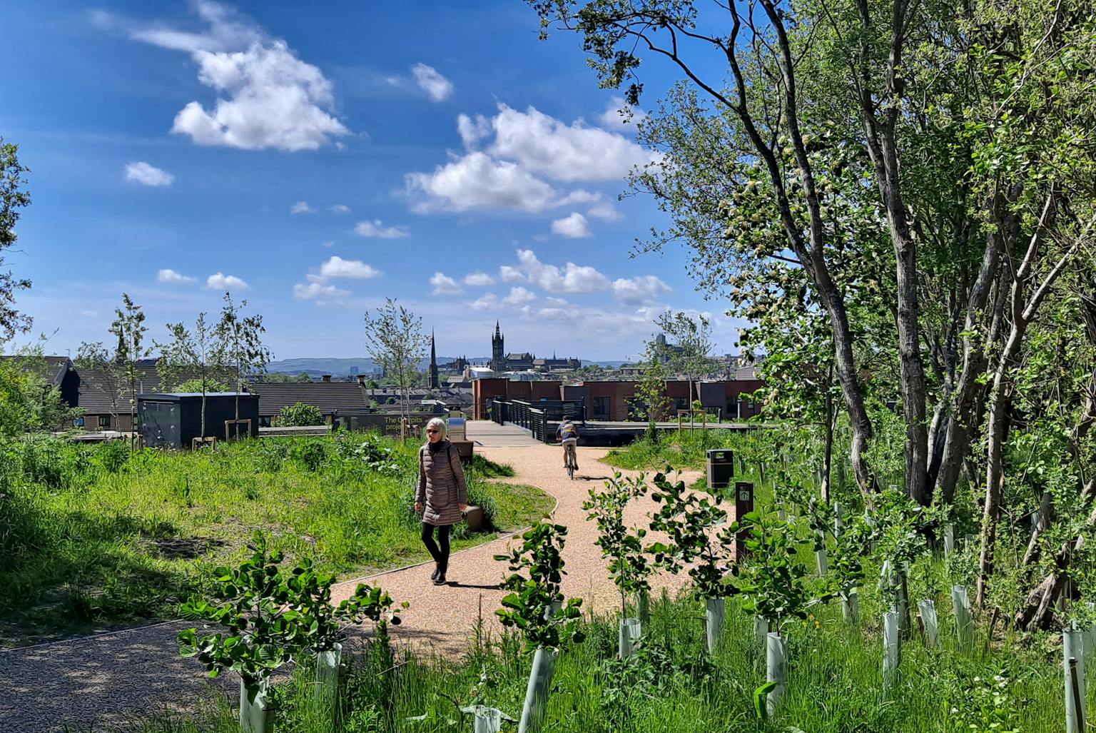 A person walking through a nature reserve surrounded by trees and blue skies with a city in the background