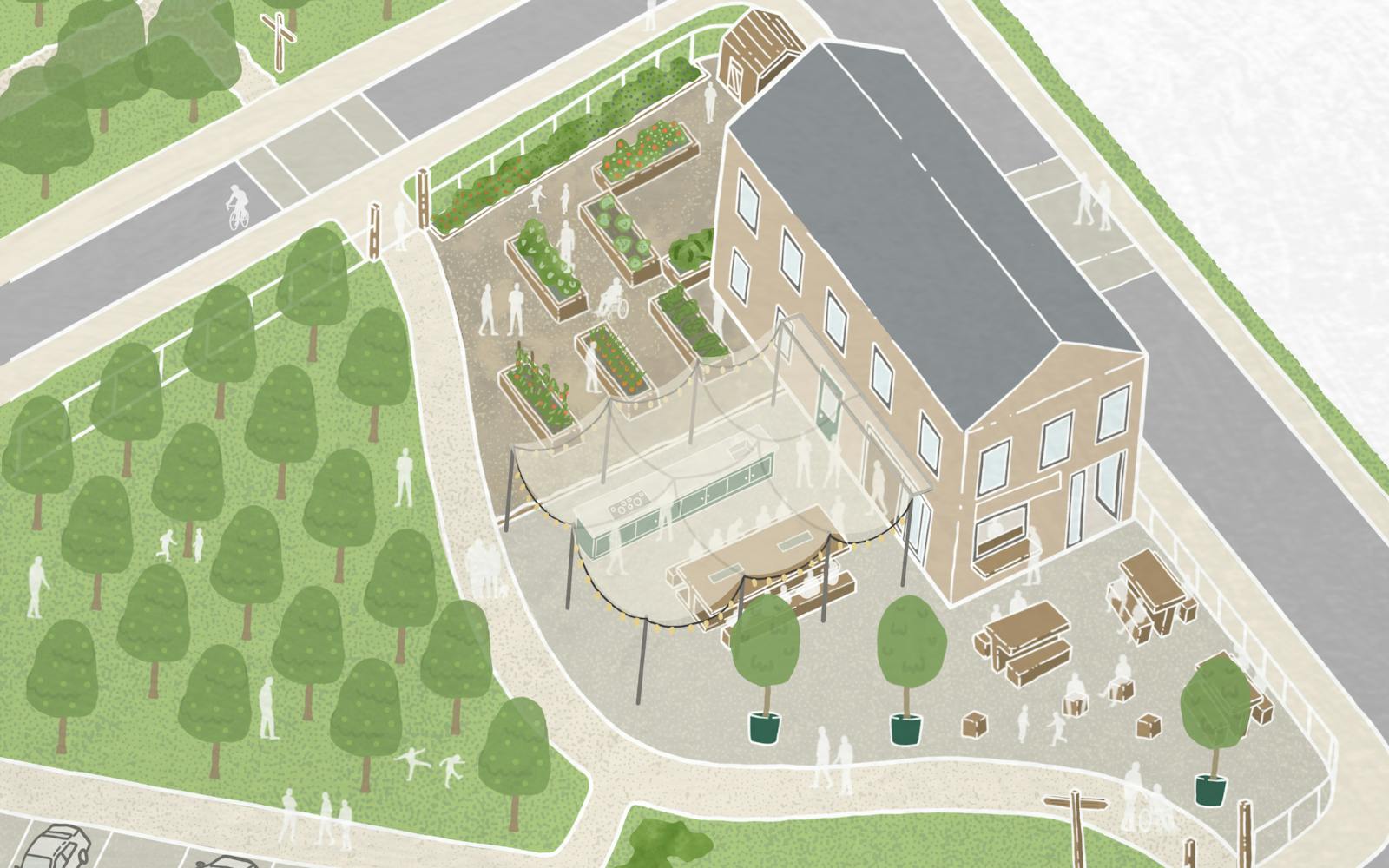 Digital drawing of houses, gardens and pedestrians