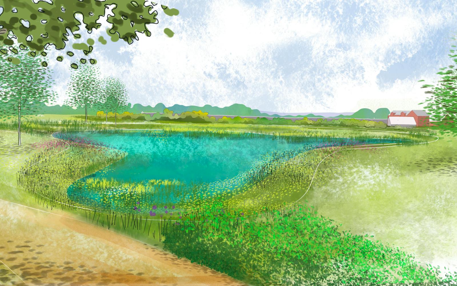 A drawing shows a bright blue pond surrounded by green and yellow vegetation. A tan path curves along the left side of the pond. In the distance, green trees and a white building with a red roof sit under a cloudy sky.
