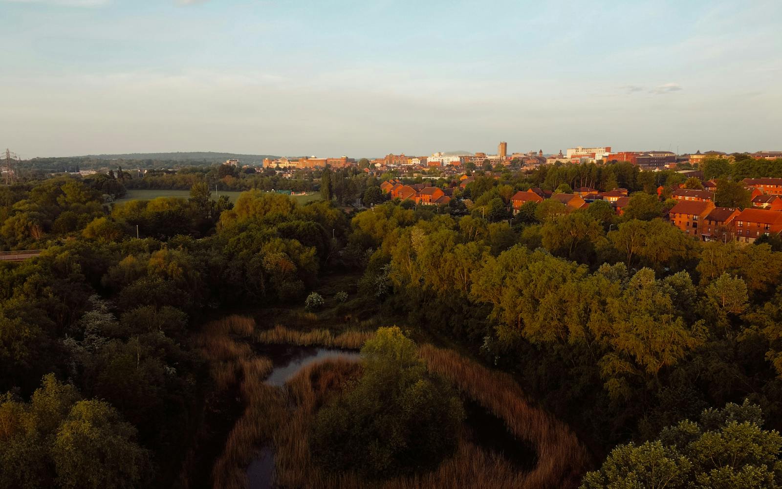An aerial view of Watford, Hertfordshire, showing a mix of urban and natural landscapes. Red-roofed buildings are nestled among dense green trees, with a winding brown waterway visible in the foreground.