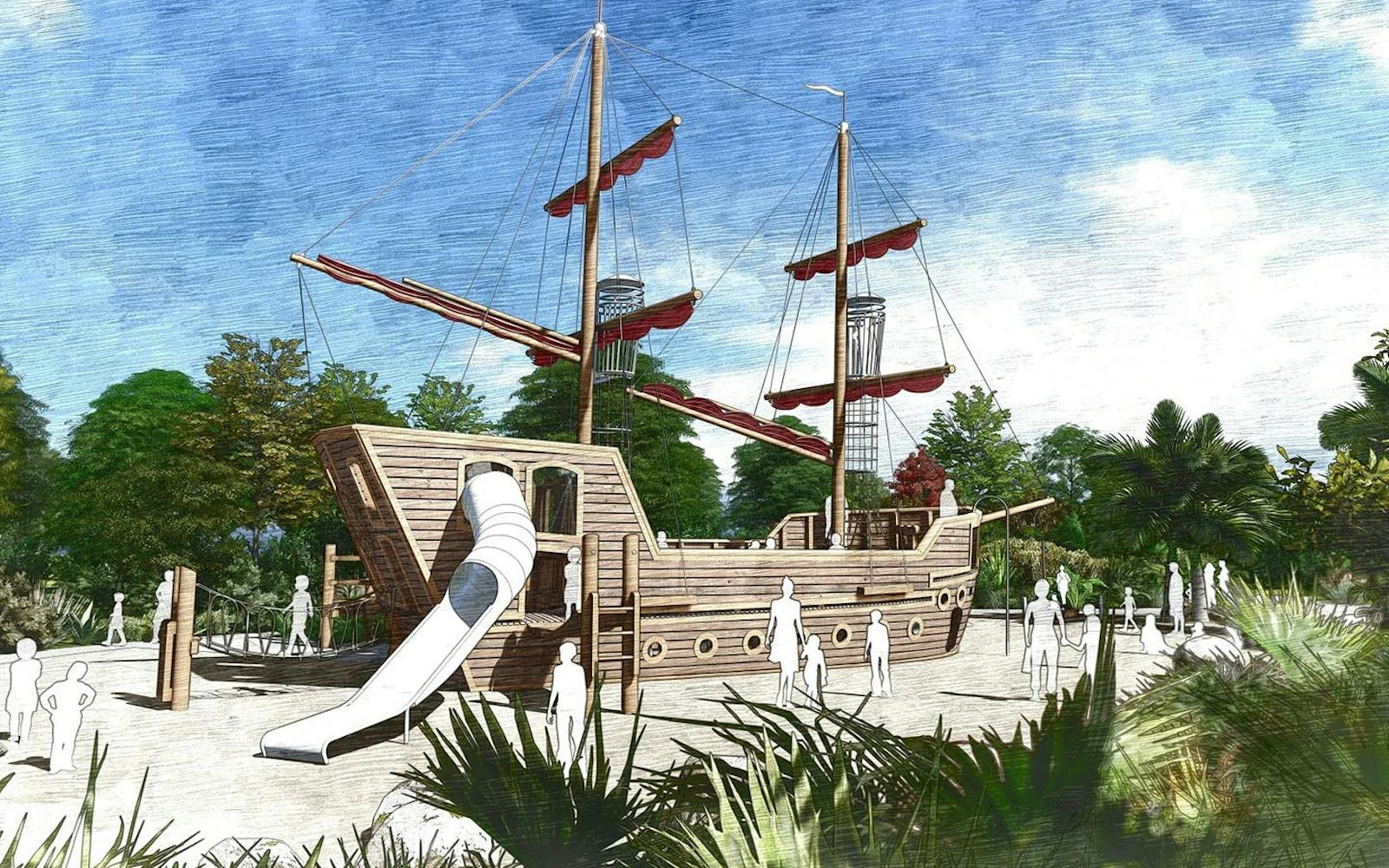 A sketch of a large wooden pirate ship play structure in a park-like setting with trees and people.