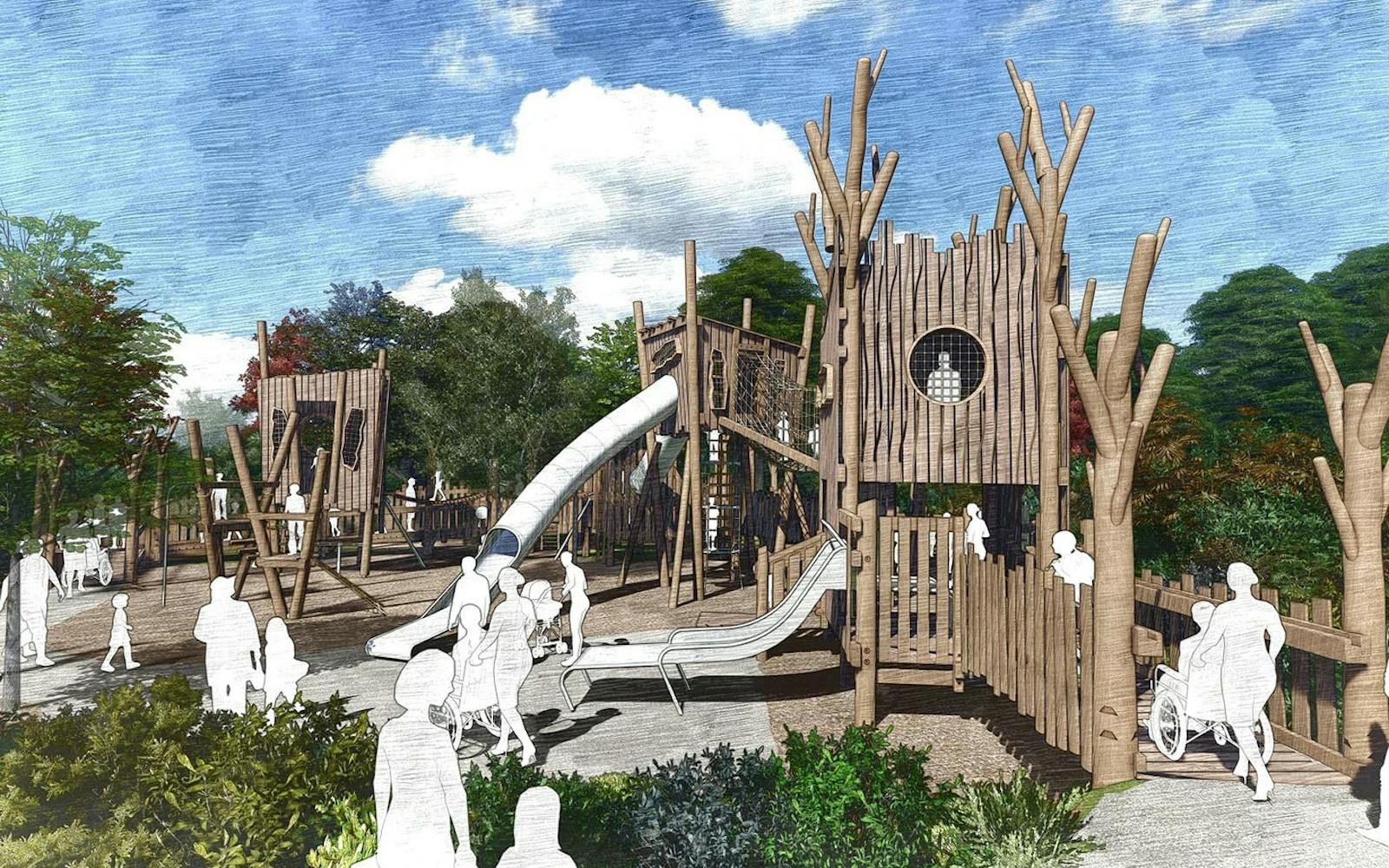 A sketch of a large wooden pirate ship play structure in a park-like setting with trees and people.