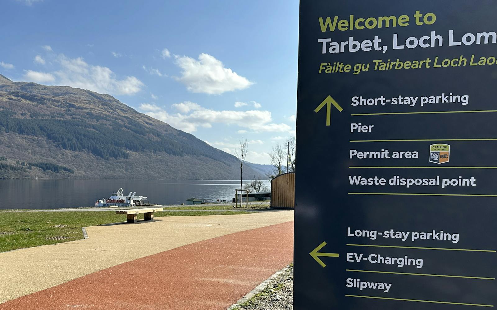A sign in front of a Scottish landscape with a loch and mountains