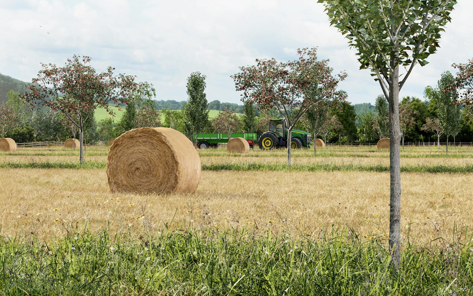 A graphic representation of a hay field with hay bales and a green tractor in the background