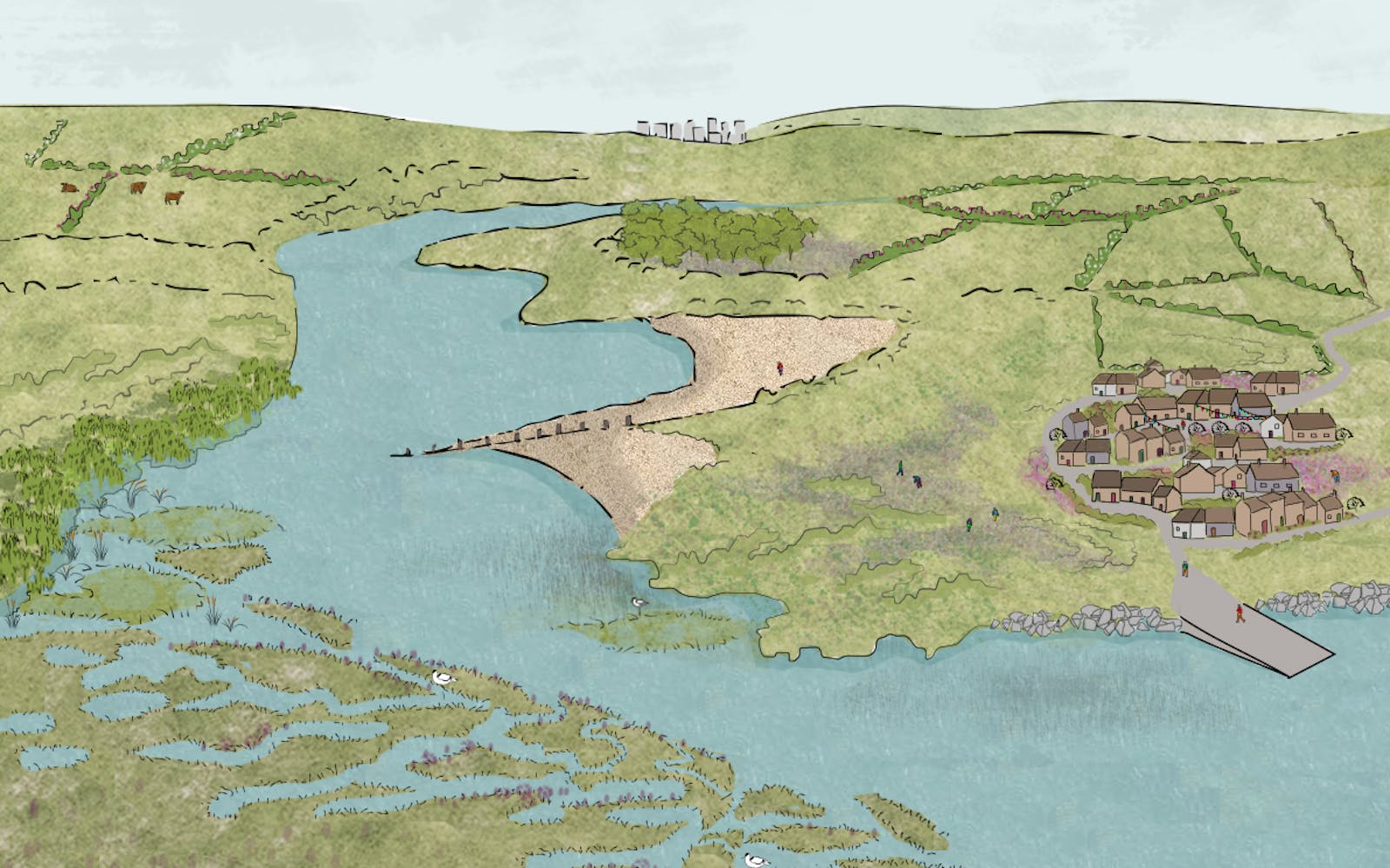 An illustrative aerial view shows an estuary landscape. In the foreground, marshlands with white birds meet open water. A sandbar with a barrier stretches across the water further back, near a clump of trees. On the right, a village with a pier sits on the bank. Green hills and fields surround the water, with distant structures on the horizon.