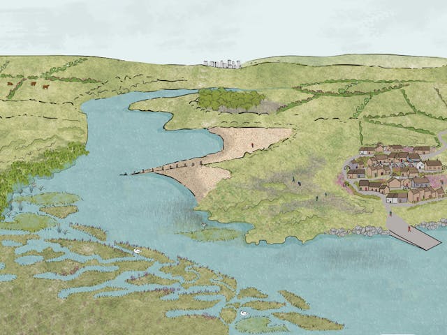 An illustrative aerial view shows an estuary landscape. In the foreground, marshlands with white birds meet open water. A sandbar with a barrier stretches across the water further back, near a clump of trees. On the right, a village with a pier sits on the bank. Green hills and fields surround the water, with distant structures on the horizon.