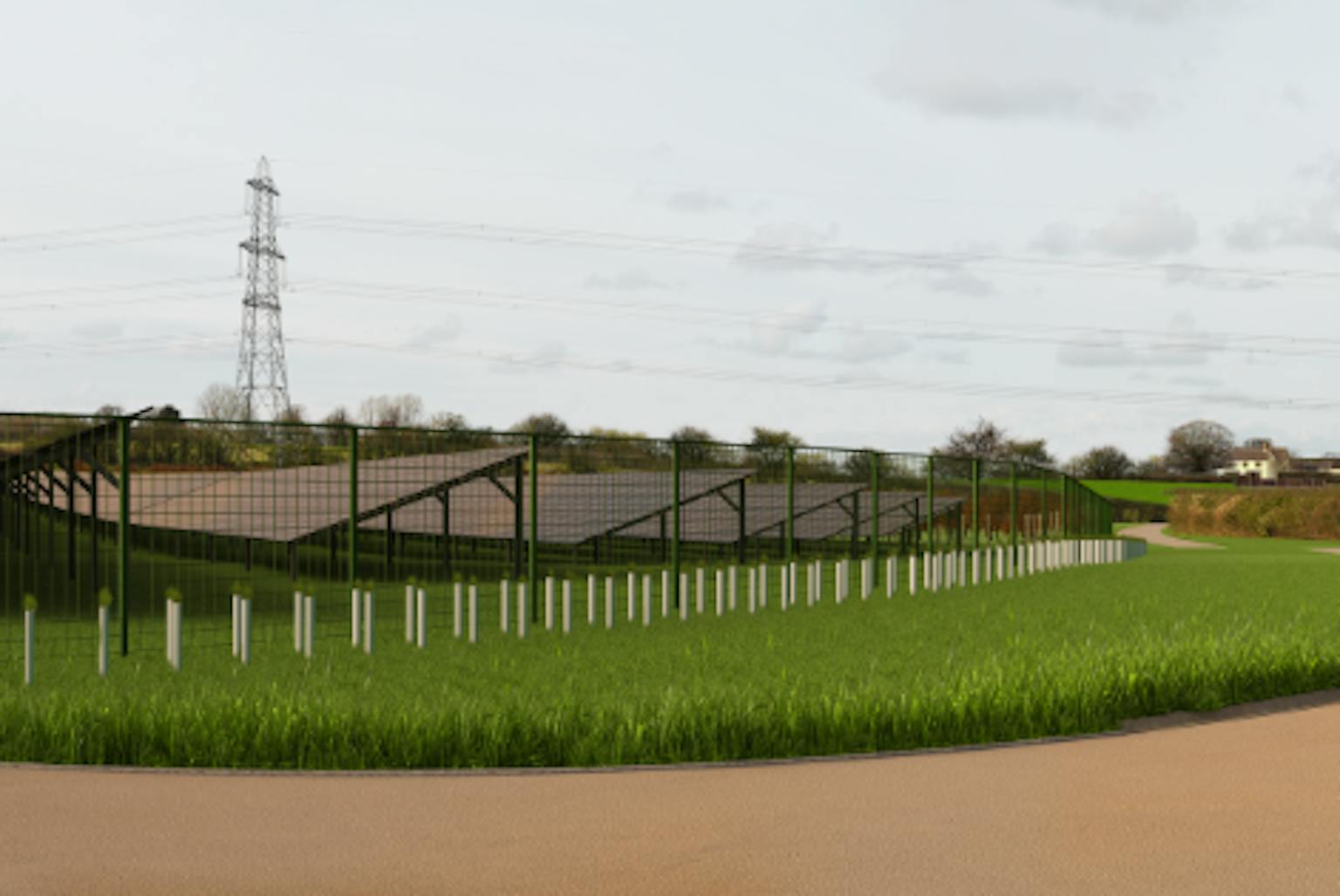 A landscape with solar panels and pylons