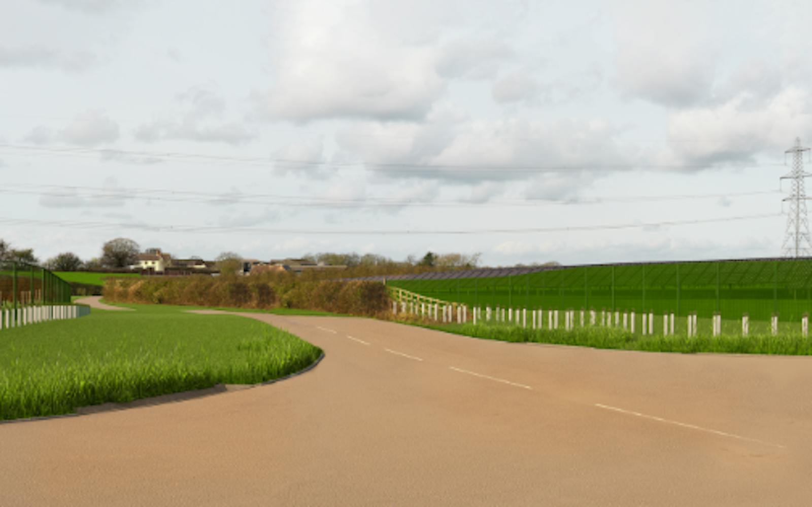 A landscape with solar panels and pylons