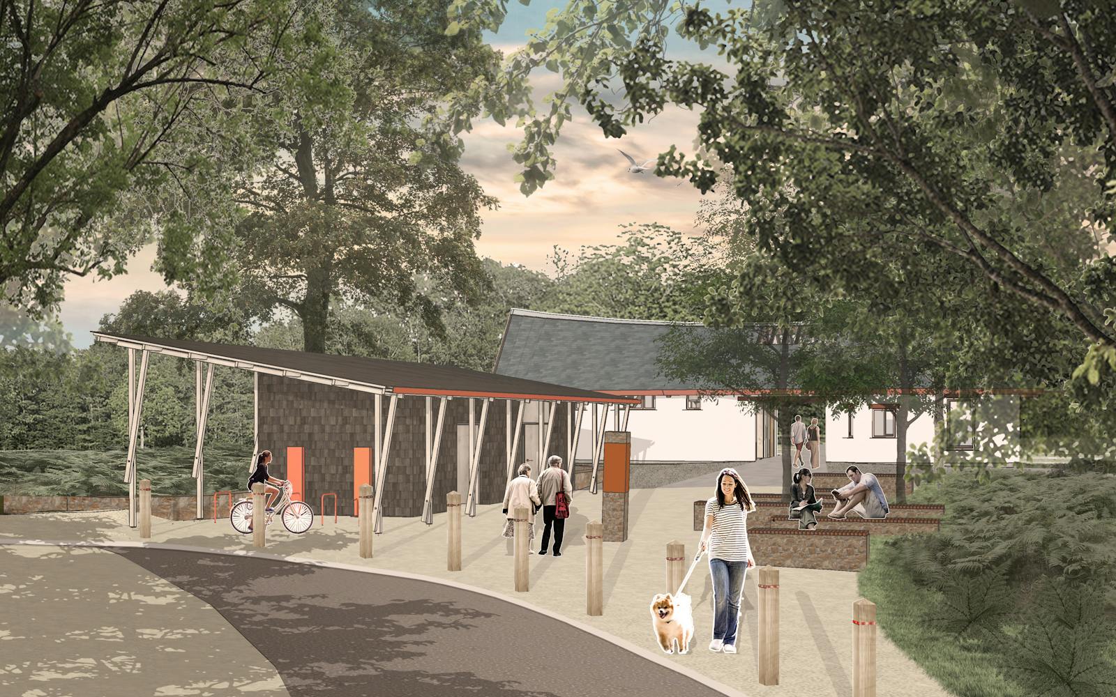 People walking, cycling, and sitting near a modern timber building surrounded by trees, with a woman walking a dog in the foreground.