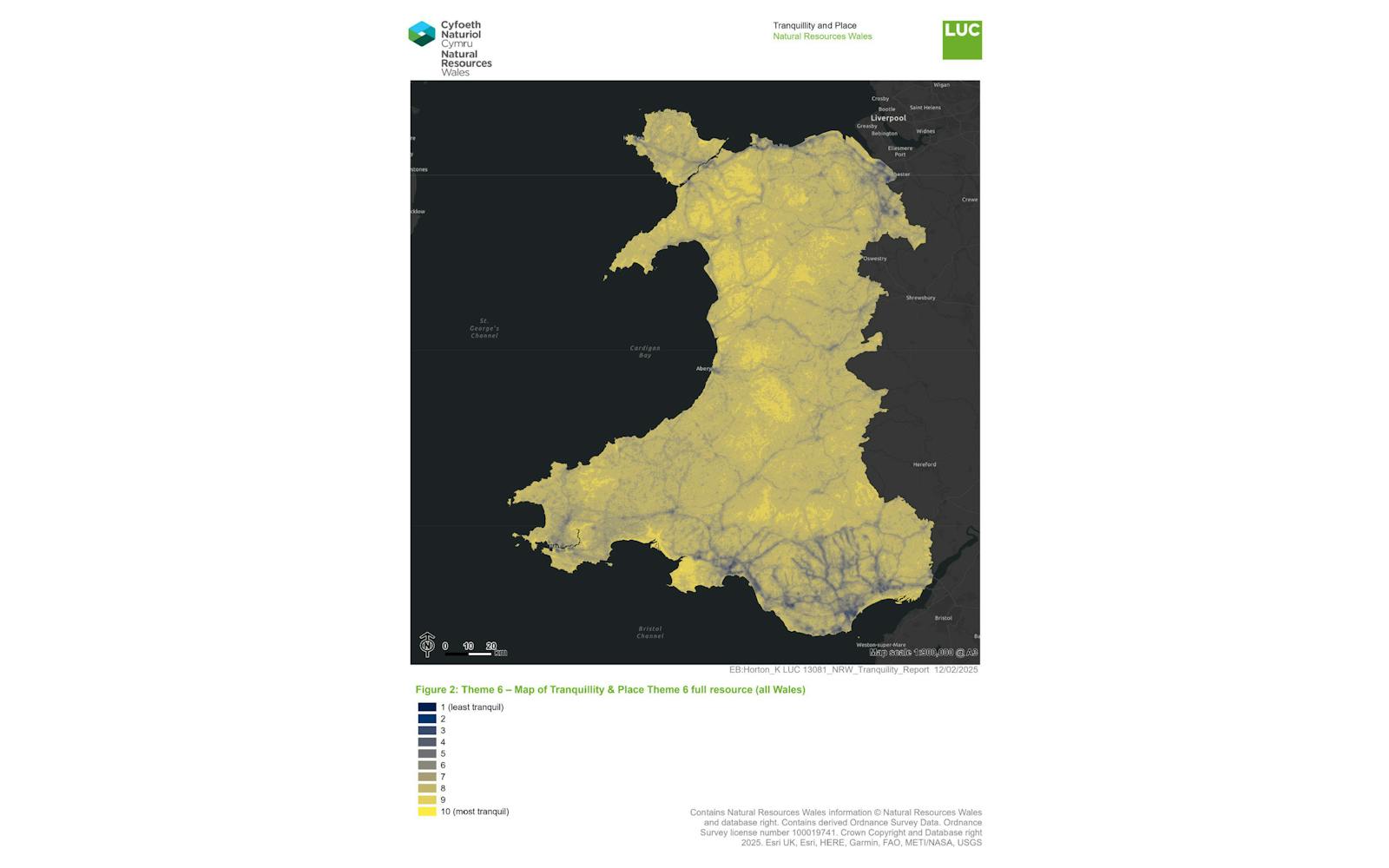 A map of Wales showing tranquility levels, with a color scale from dark blue (low tranquility) to yellow (high tranquility). The map reveals that the most tranquil areas are in central and northern Wales, while the least tranquil areas are concentrated around the more populated southern coast and the border with England. The image is titled "Figure 2: Theme 6 - Map of Tranquillity & Place Theme 6 full resource (all Wales)". The legend indicates 10 levels of tranquility, with "least tranquil" at the bottom and "most tranquil" at the top. The image also includes the logos for Cyfoeth Naturiol Cymru / Natural Resources Wales and LUC.