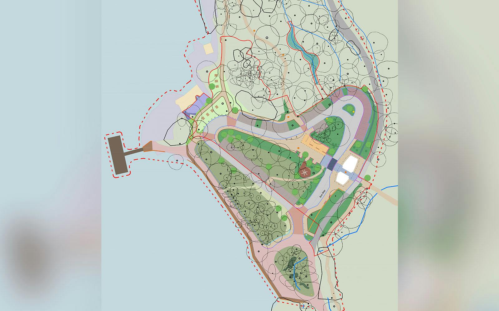 Illustrated site masterplan of a coastal area showing paths, vegetation, buildings, and access routes, bordered by a red dashed line.