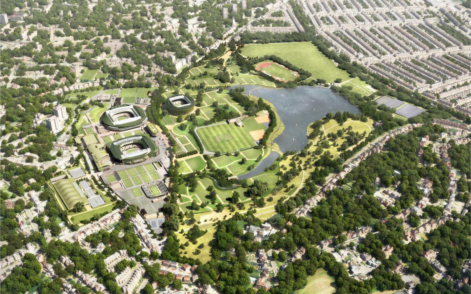 A digital rendering of the AELTC Wimbledon Park masterplan showing a large, restored parkland with a lake and new tennis courts nestled among trees.