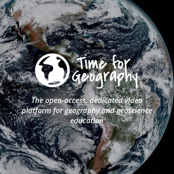 Image of the Earth from space, with a white logo in the top left corner that depicts a globe with a line through the centre. To the right of the logo, the words "Time for Geography" are written in a casual, handwritten font. Below the logo and text, the words "The open-access, dedicated video platform for geography and geoscience education" are written in a smaller, sans-serif font. The background is dark and the planet is shown with clouds swirling over the landmasses and oceans.