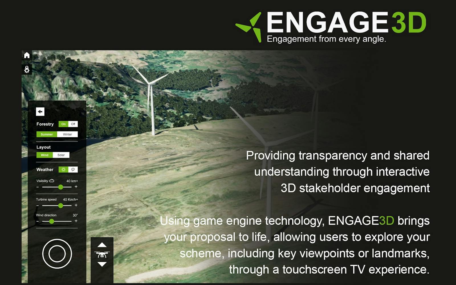 A digital rendering shows a landscape with wind turbines on a hill. A dark sidebar on the left displays various interactive options. The top of the sidebar has a toggle for 'Forestry' and options for 'Summer' and 'Winter'. Below that, a 'Layout' section has options for 'Wind' and 'Solar'. The 'Weather' section includes sliders for 'Visibility,' 'Turbine speed,' and 'Wind direction.' At the bottom of the sidebar is a navigational compass ring and a drone icon. White text on the right side of the image reads: "Providing transparency and shared understanding through interactive 3D stakeholder engagement" and "Using game engine technology, ENGAGE3D brings your proposal to life, allowing users to explore your scheme, including key viewpoints or landmarks, through a touchscreen TV experience." The top right corner has the "ENGAGE 3D" logo and tagline. The bottom left text says "powered by soda.suite" and the bottom right says "landuse.co.uk."