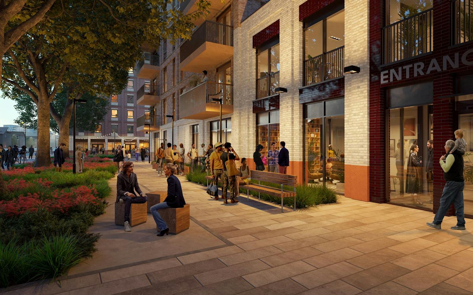 A street-level architectural rendering of a modern mixed-use building with people socialising on a pedestrianised plaza with trees and landscaping. The building has retail storefronts and upper-level apartments with balconies.
