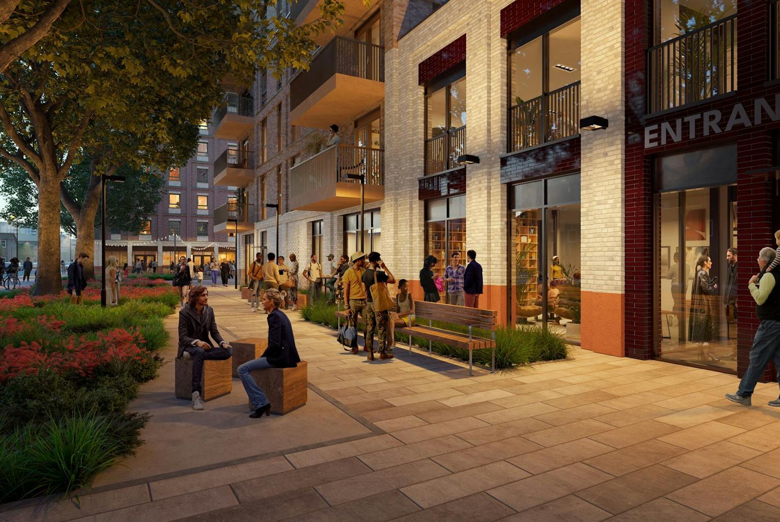 A street-level architectural rendering of a modern mixed-use building with people socialising on a pedestrianised plaza with trees and landscaping. The building has retail storefronts and upper-level apartments with balconies.