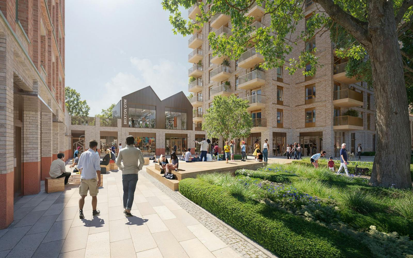 An architectural rendering of a sunny plaza and park area between modern brick apartment buildings, showing a building labeled "Brixton Gym" and people relaxing on a wooden deck next to landscaped flower beds.