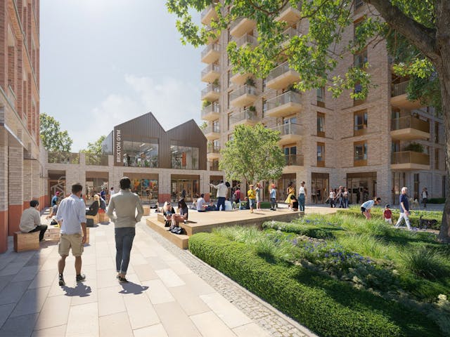 An architectural rendering of a sunny plaza and park area between modern brick apartment buildings, showing a building labeled "Brixton Gym" and people relaxing on a wooden deck next to landscaped flower beds.