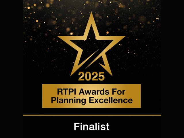 Gold and black graphic showing a star outline with the text “2025 RTPI Awards for Planning Excellence – Finalist.”