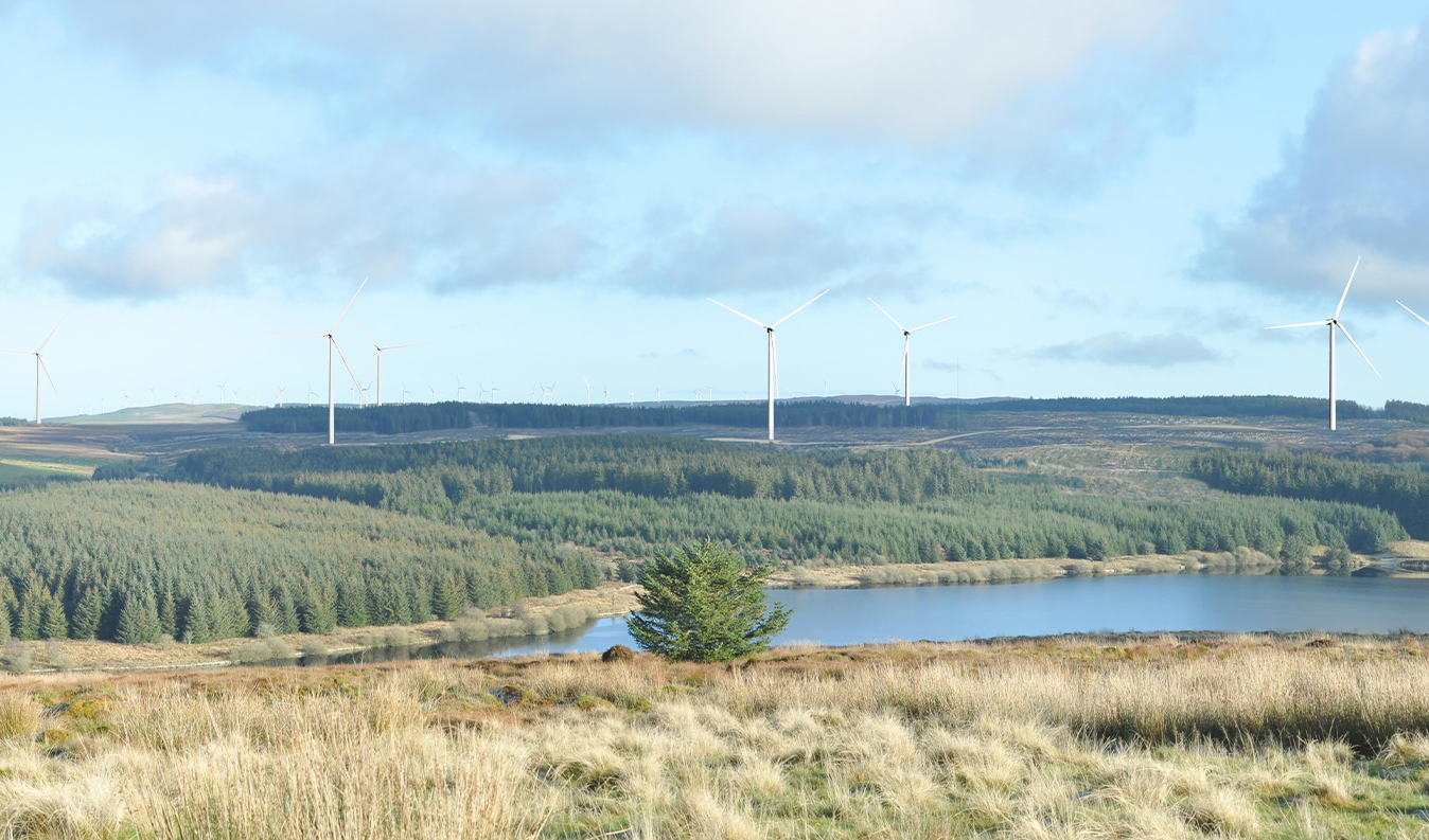 A calm lake, with wind turbines in the background under a cloudy blue sky.