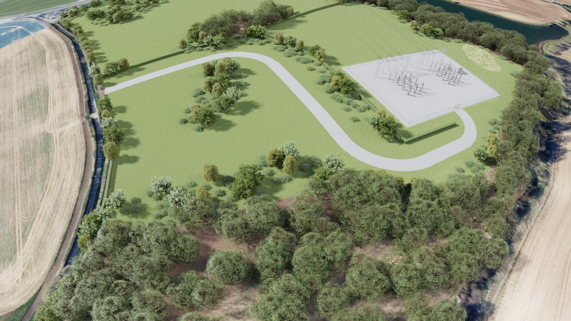 Aerial visualisation of a proposed electrical substation site surrounded by fields and woodland, showing a curved access road leading to the substation platform.