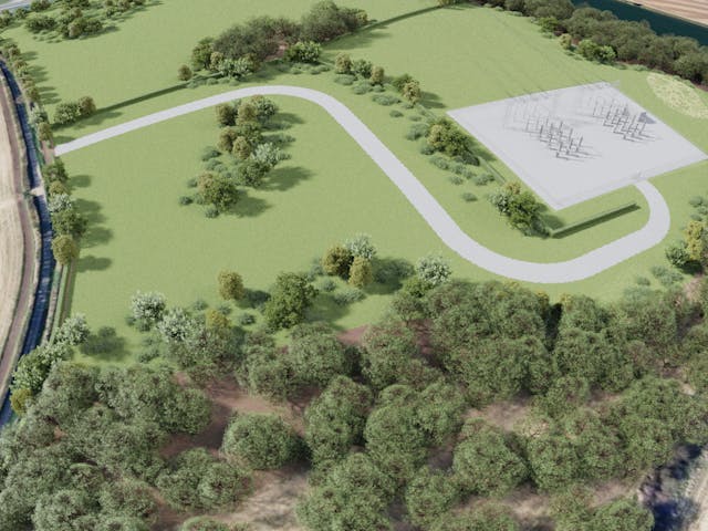 Aerial visualisation of a proposed electrical substation site surrounded by fields and woodland, showing a curved access road leading to the substation platform.