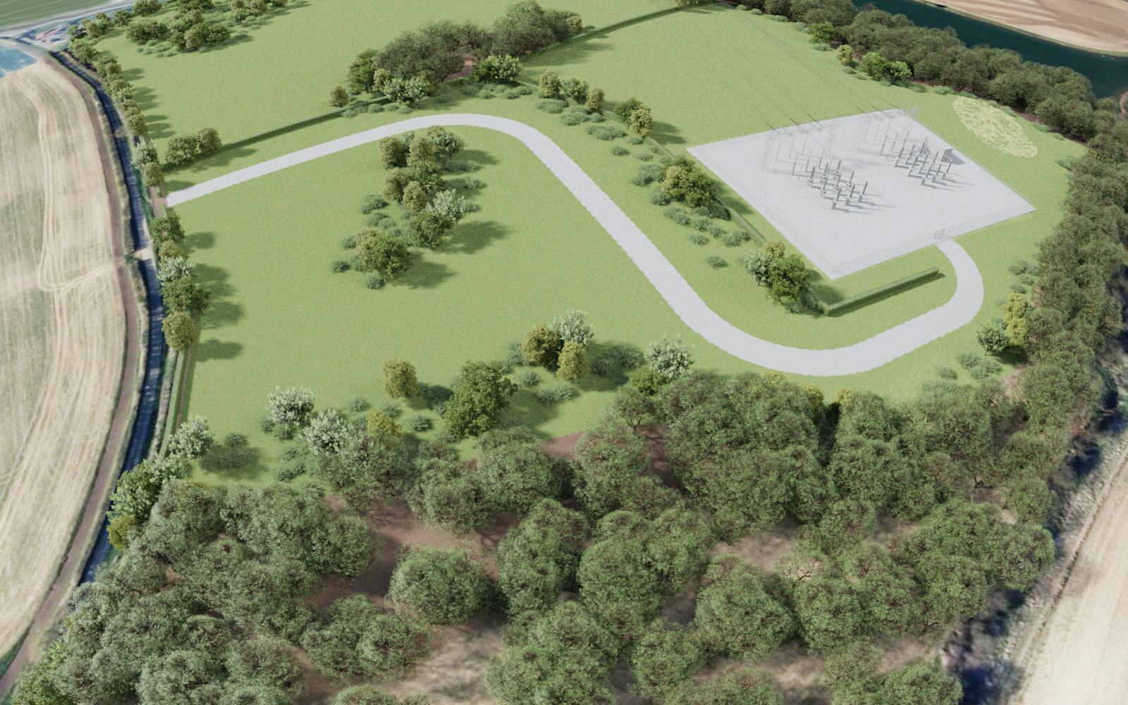 Aerial visualisation of a proposed electrical substation site surrounded by fields and woodland, showing a curved access road leading to the substation platform.