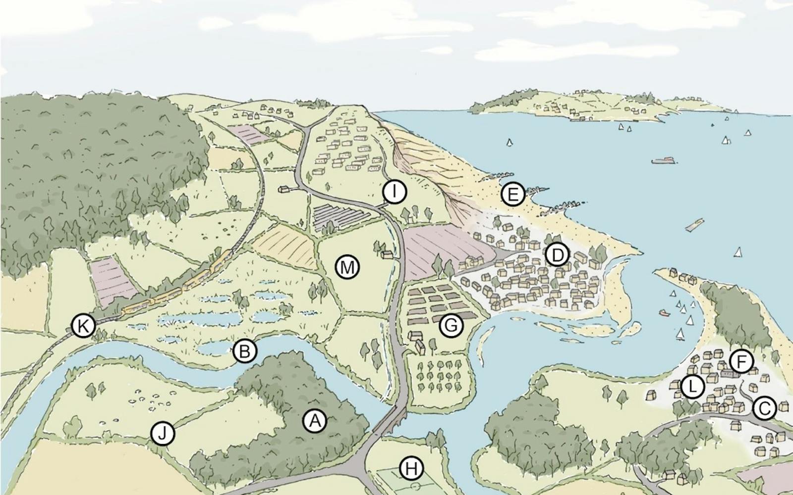 A map of a settlement next to a river