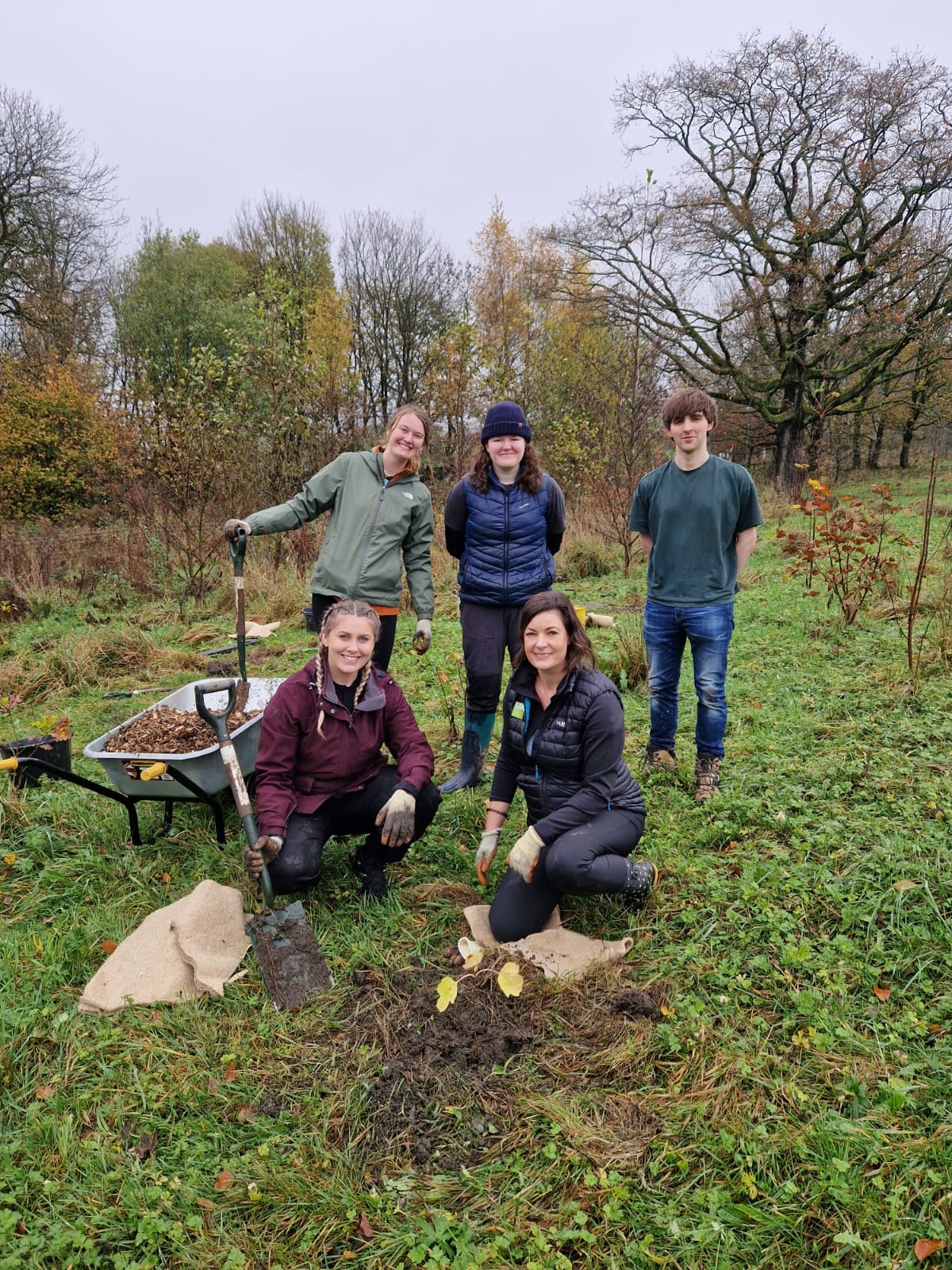 five people in a field with tree planting equipment