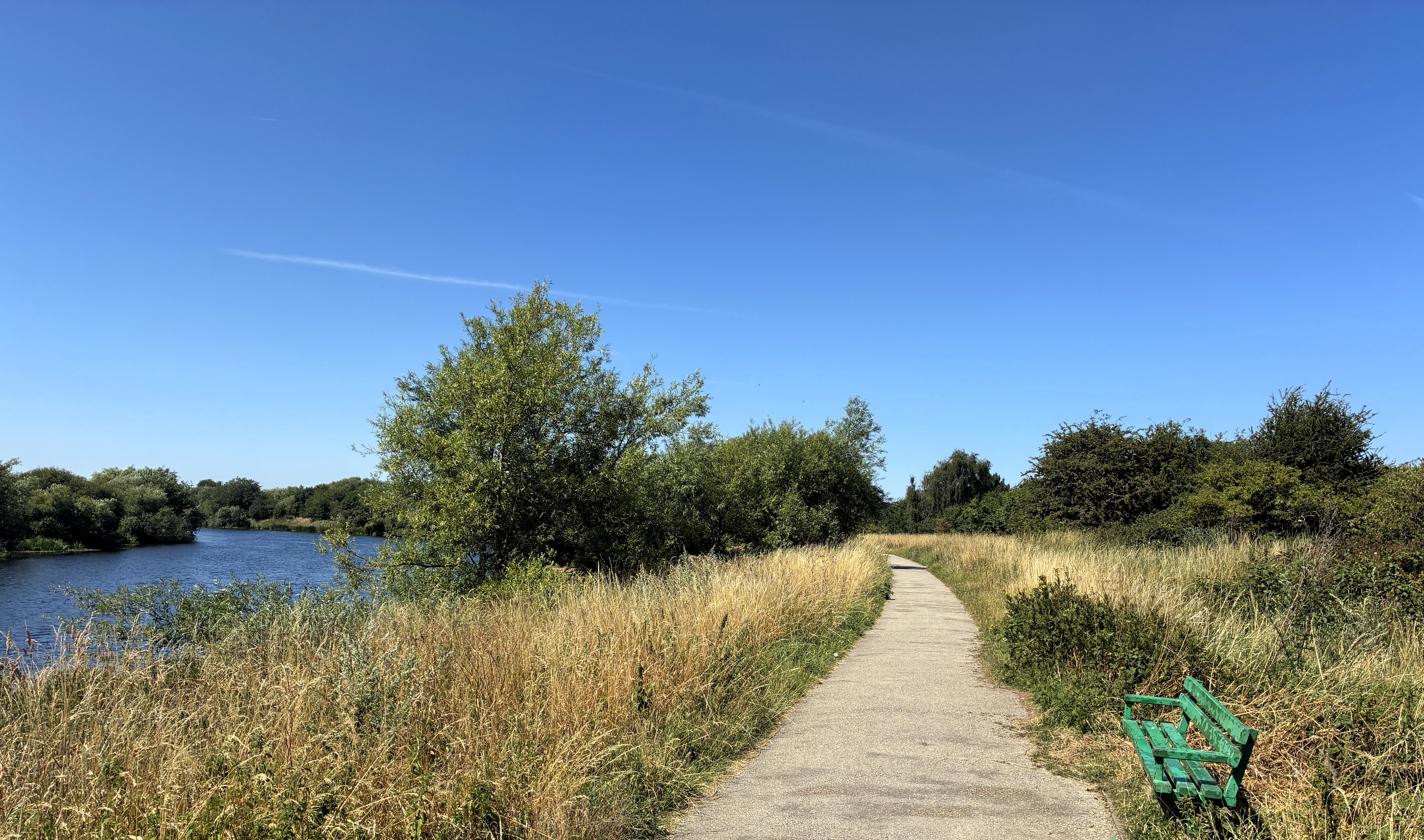 A path next to a river with a bench
