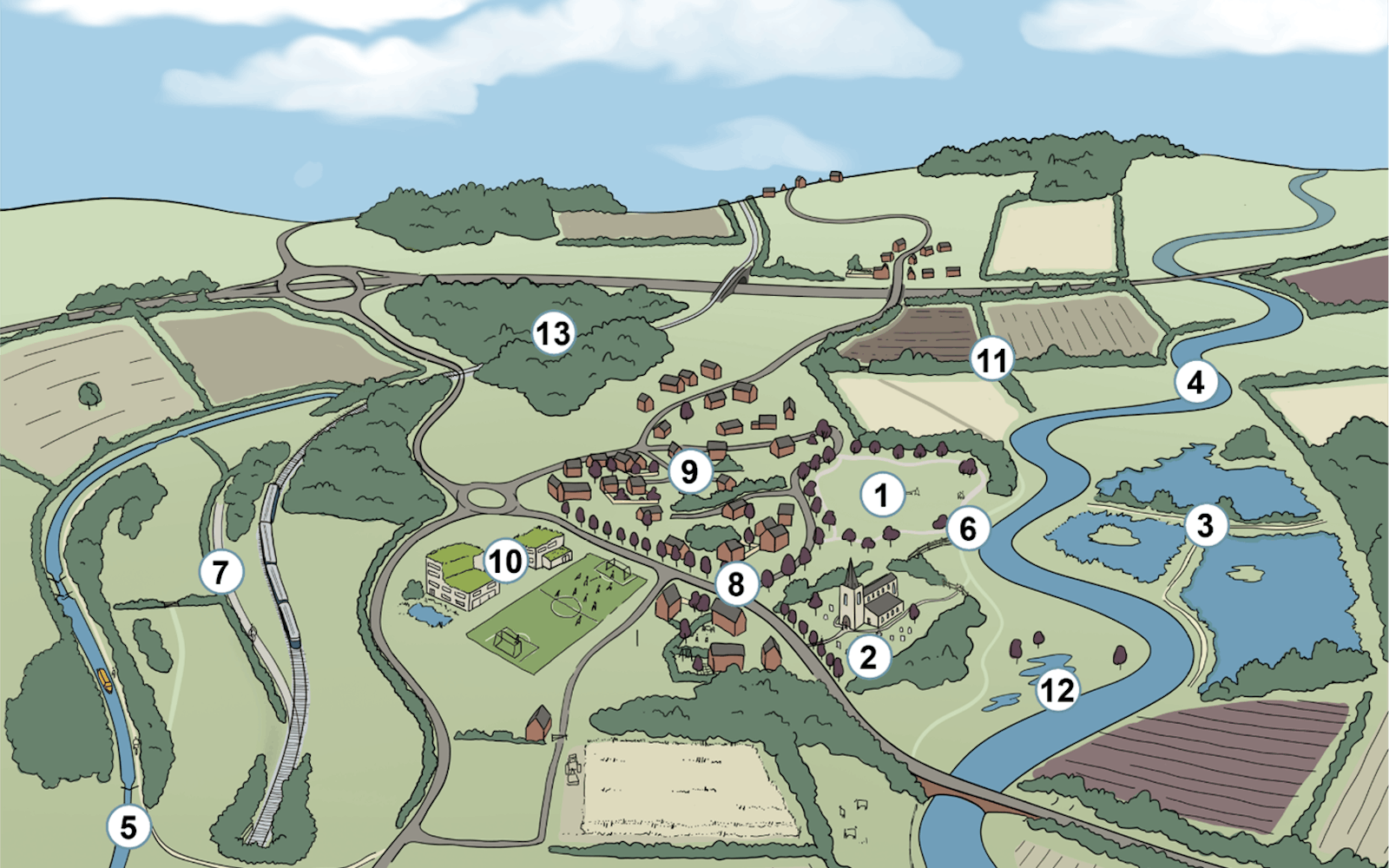 A graphic showing a map of landscape including fields and rivers and hills